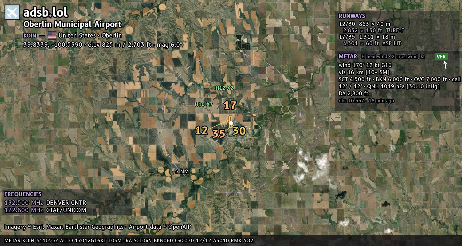 Satellite map with the runway layout of Oberlin Municipal Airport (KOIN)