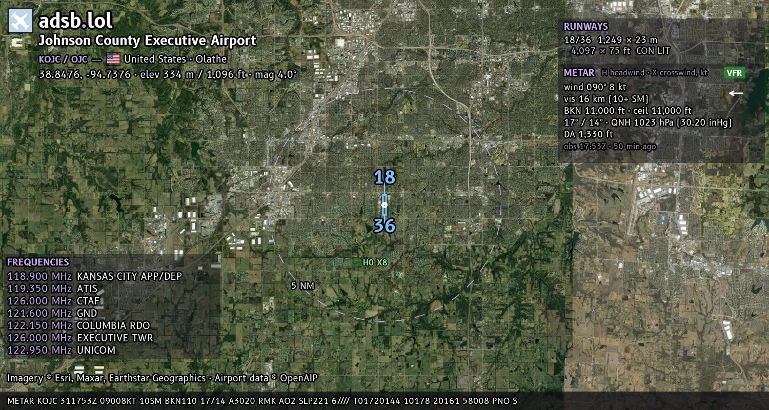 Satellite map with the runway layout of Johnson County Executive Airport (KOJC)