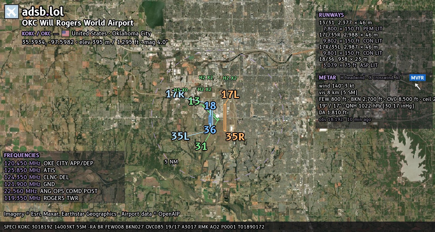 Satellite map with the runway layout of OKC Will Rogers World Airport (KOKC)