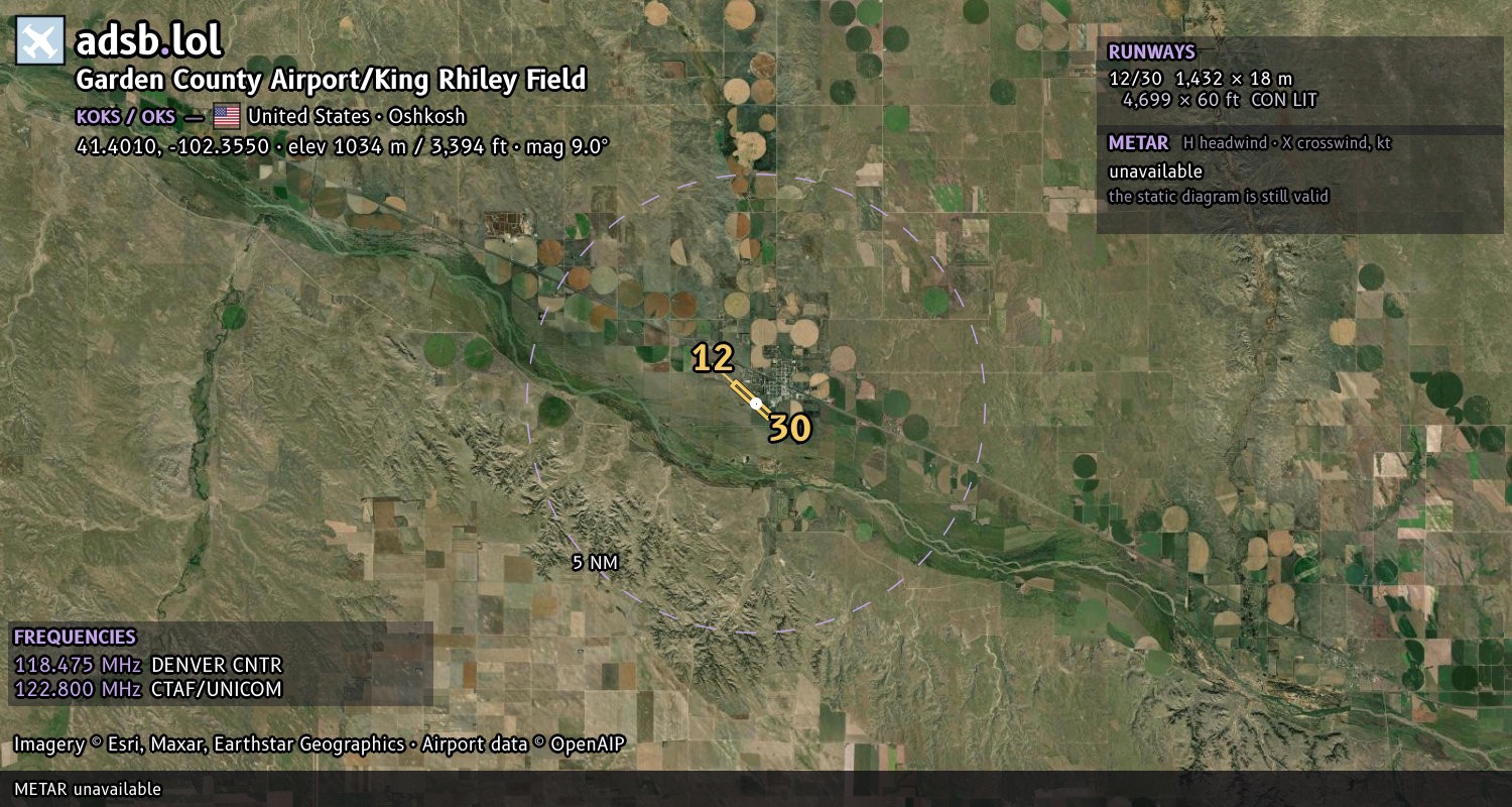 Satellite map with the runway layout of Garden County Airport/King Rhiley Field (KOKS)