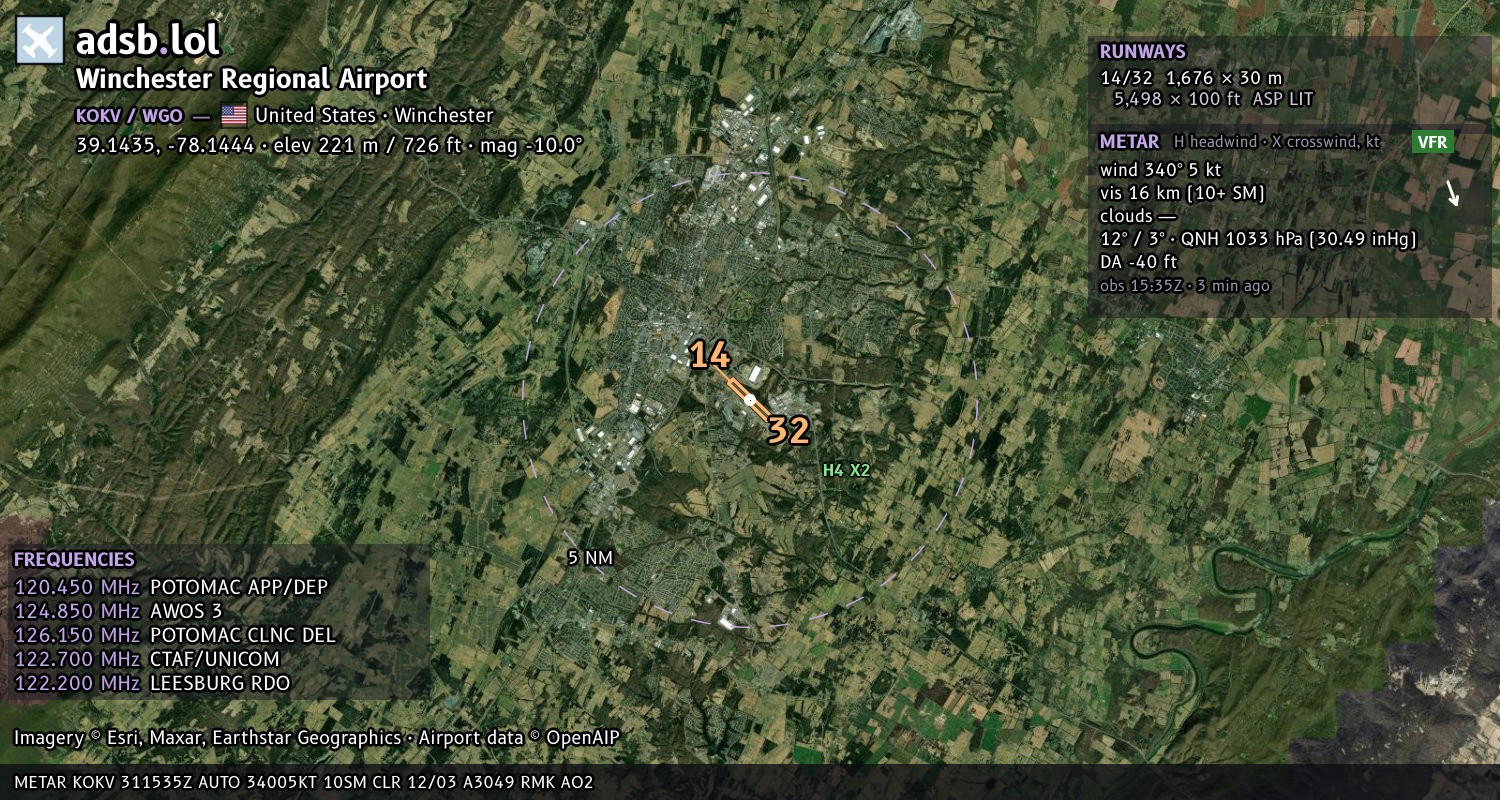Satellite map with the runway layout of Winchester Regional Airport (KOKV)