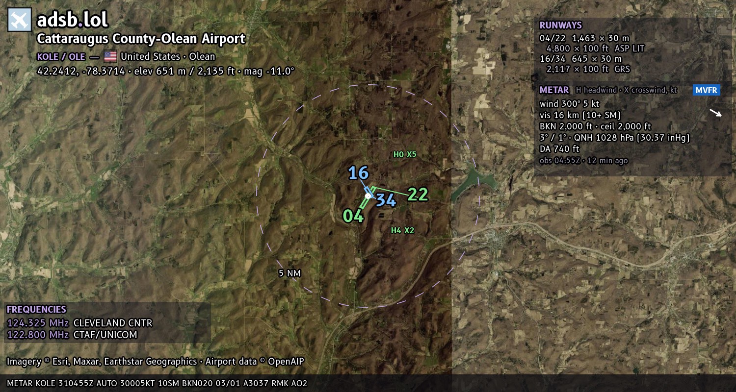 Satellite map with the runway layout of Cattaraugus County-Olean Airport (KOLE)