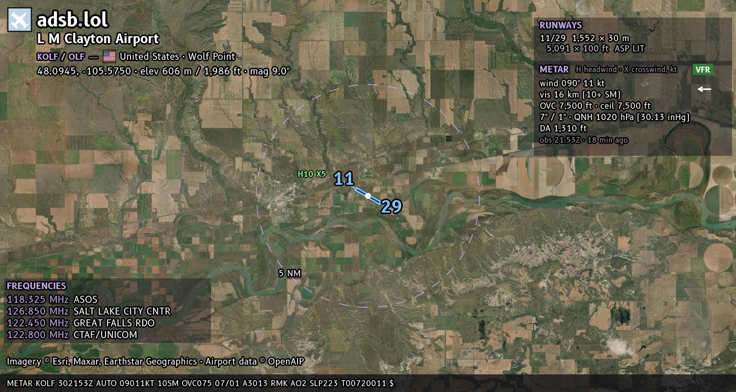 Satellite map with the runway layout of L M Clayton Airport (KOLF)