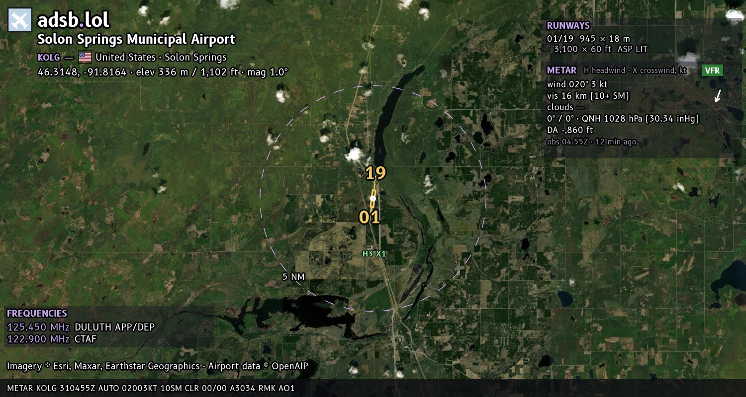 Satellite map with the runway layout of Solon Springs Municipal Airport (KOLG)