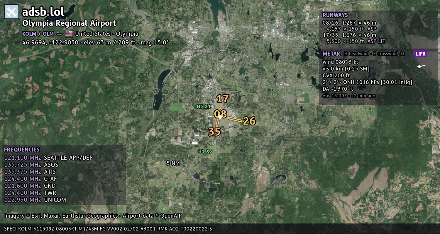 Satellite map with the runway layout of Olympia Regional Airport (KOLM)
