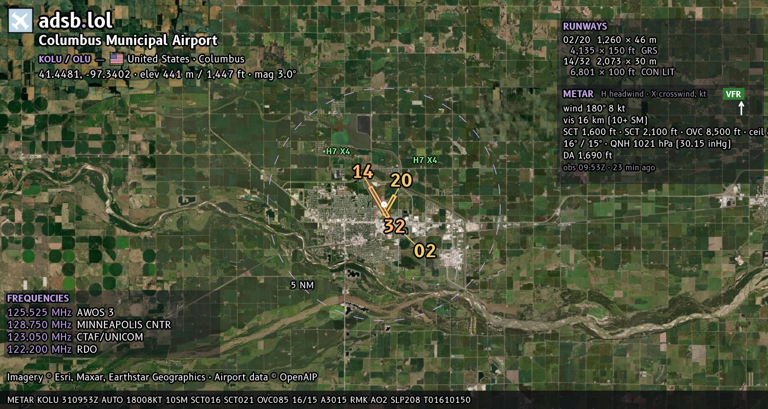 Satellite map with the runway layout of Columbus Municipal Airport (KOLU)