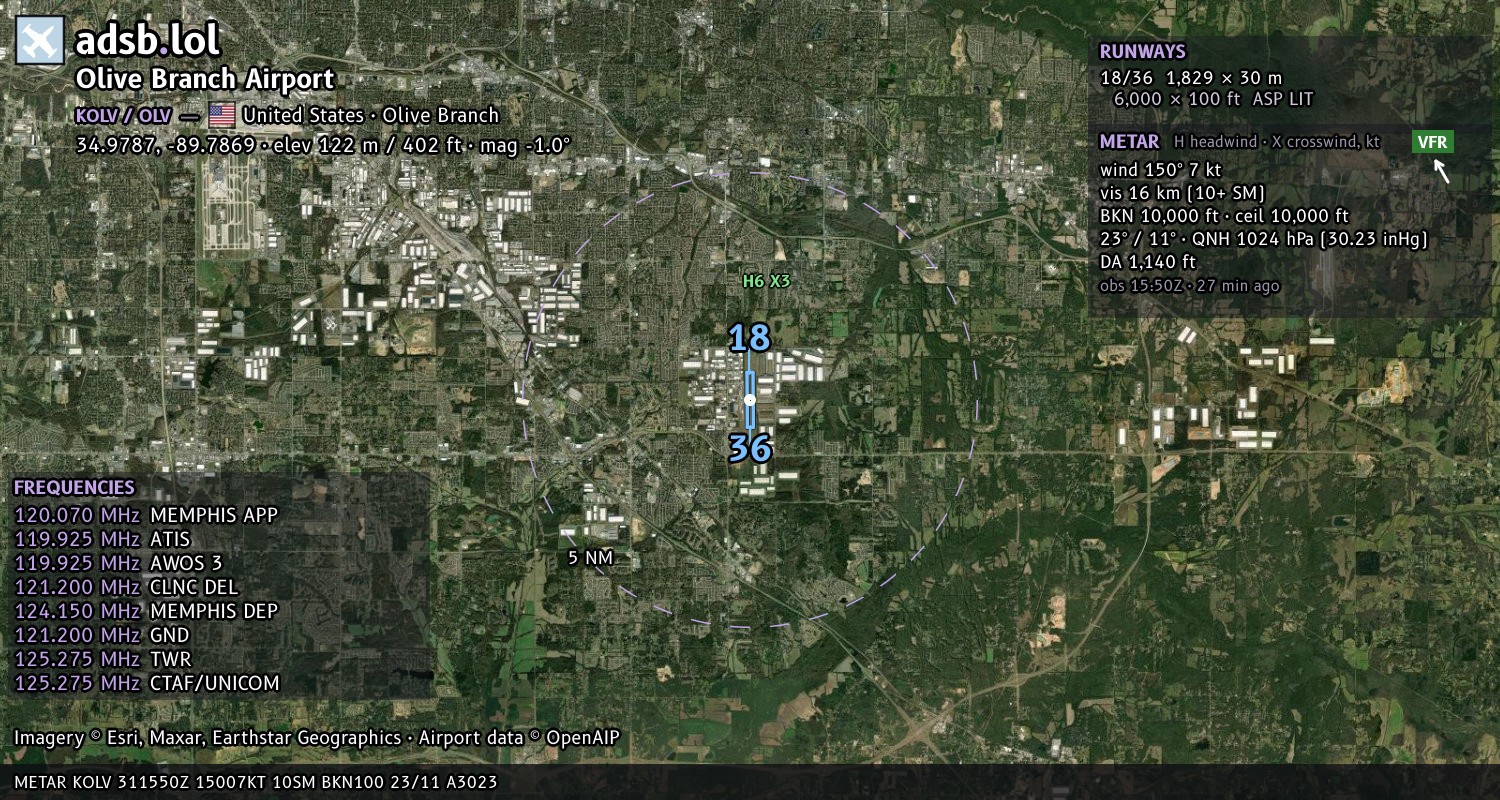 Satellite map with the runway layout of Olive Branch Airport (KOLV)