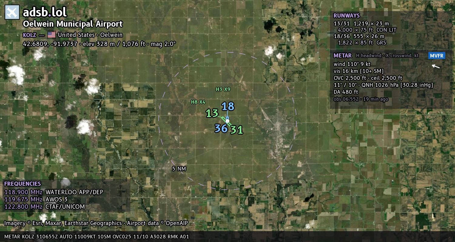 Satellite map with the runway layout of Oelwein Municipal Airport (KOLZ)