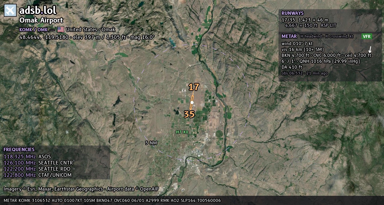Satellite map with the runway layout of Omak Airport (KOMK)