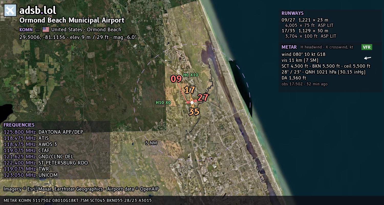 Satellite map with the runway layout of Ormond Beach Municipal Airport (KOMN)