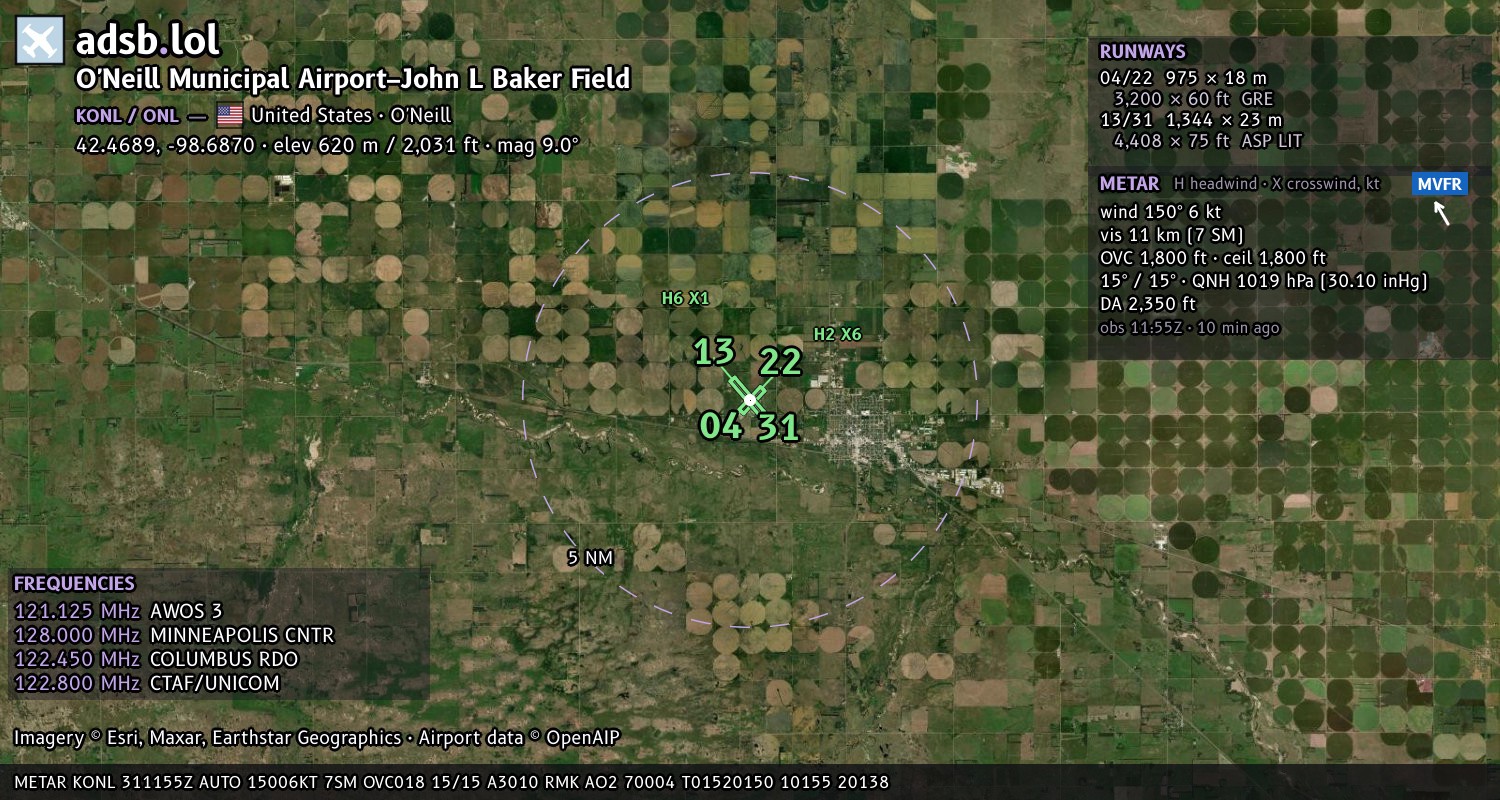Satellite map with the runway layout of O'Neill Municipal Airport–John L Baker Field (KONL)