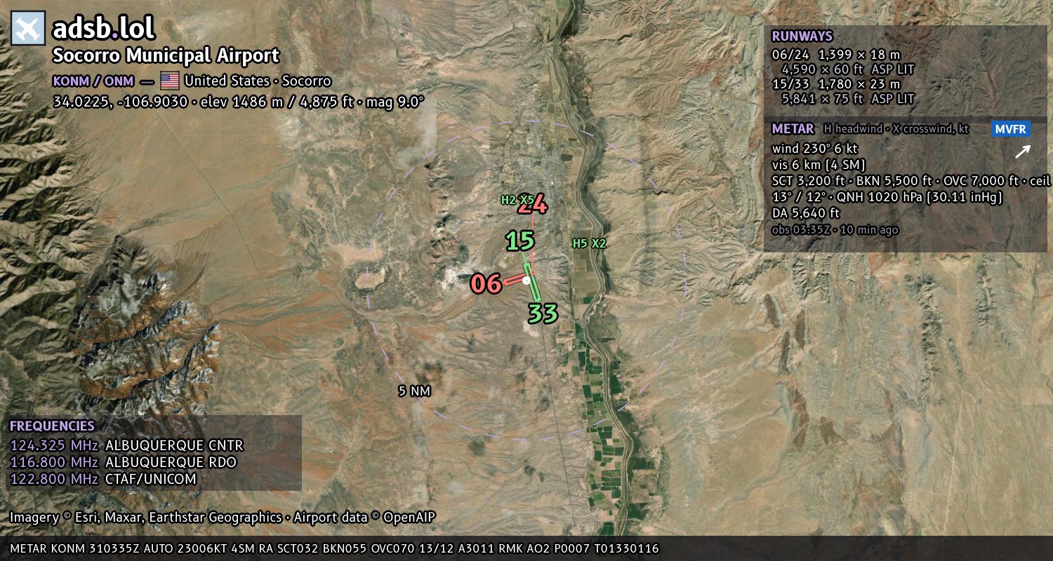 Satellite map with the runway layout of Socorro Municipal Airport (KONM)