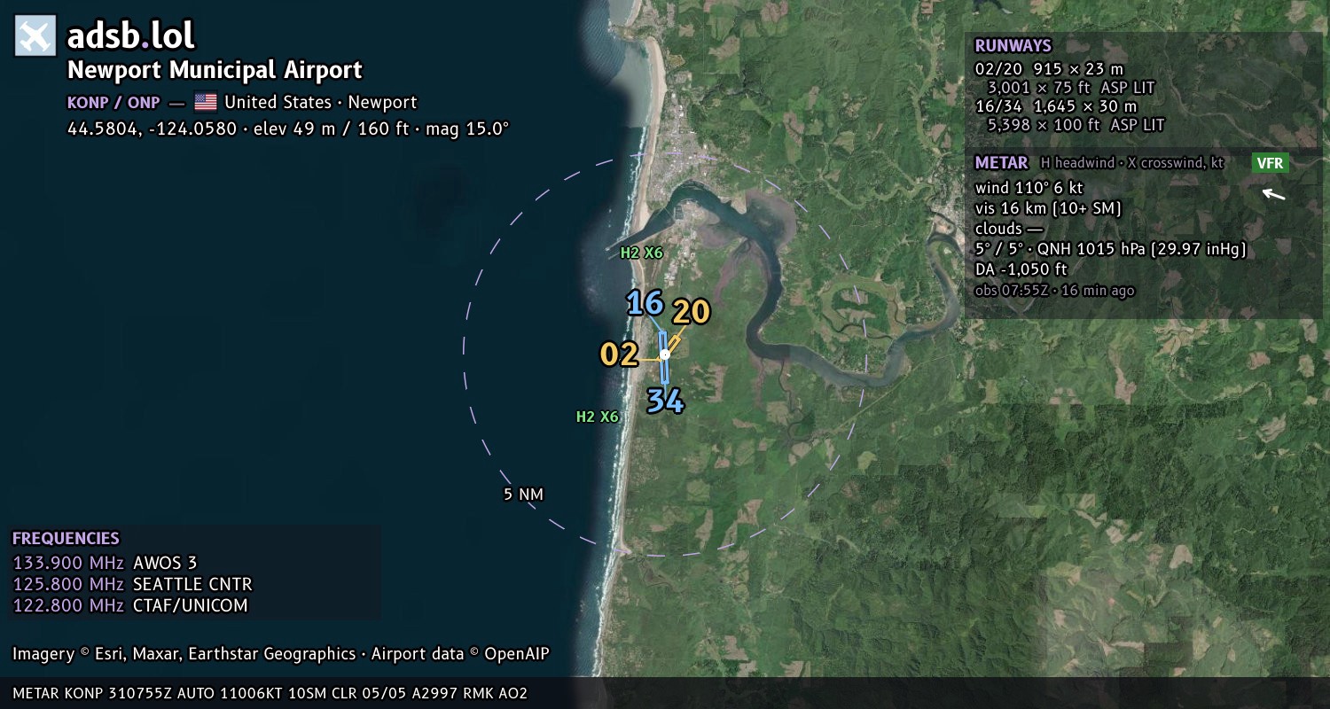 Satellite map with the runway layout of Newport Municipal Airport (KONP)