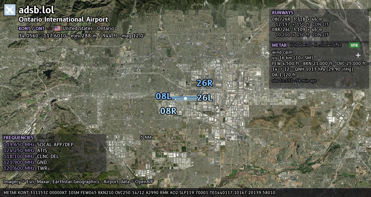 Satellite map with the runway layout of Ontario International Airport (KONT)