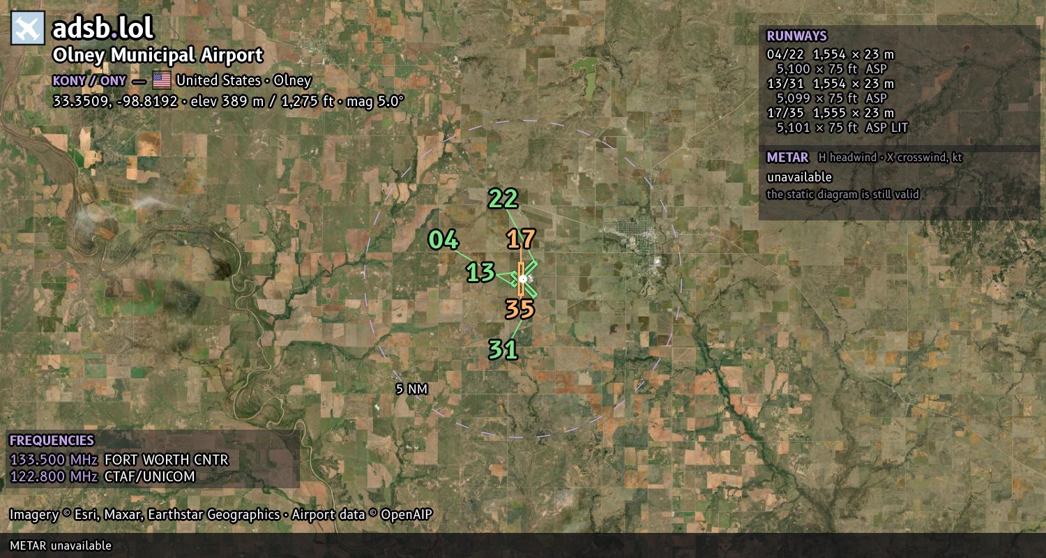 Satellite map with the runway layout of Olney Municipal Airport (KONY)