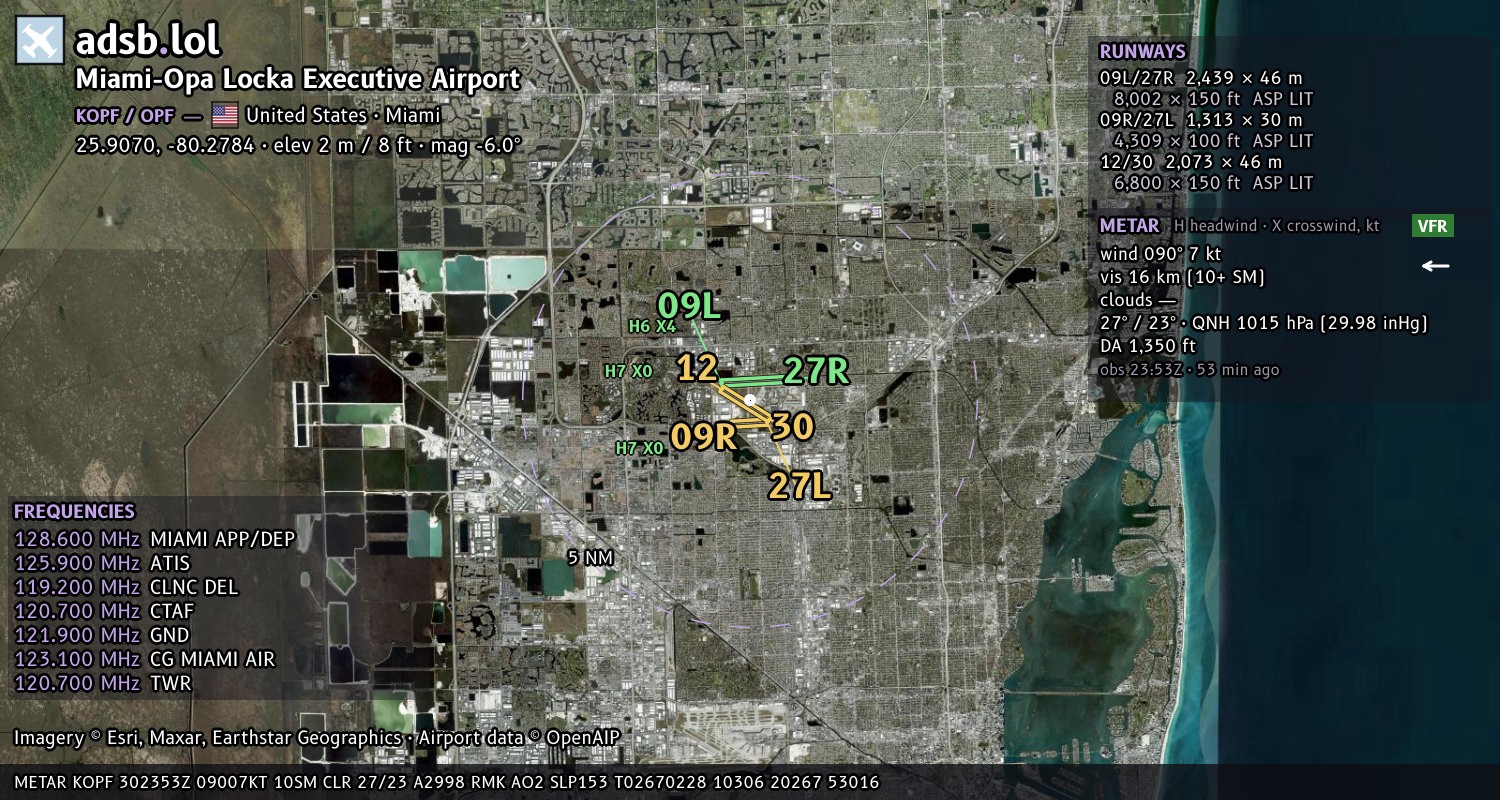 Satellite map with the runway layout of Miami-Opa Locka Executive Airport (KOPF)