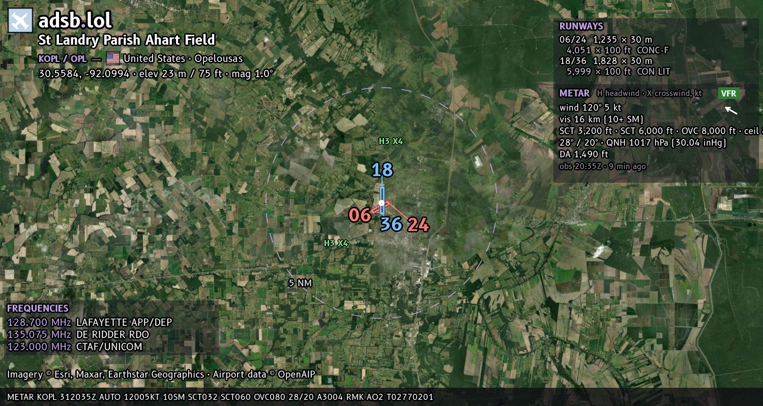 Satellite map with the runway layout of St Landry Parish Ahart Field (KOPL)