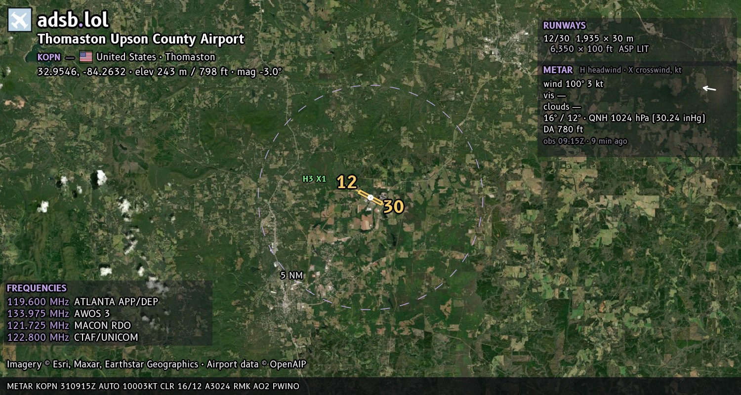 Satellite map with the runway layout of Thomaston Upson County Airport (KOPN)