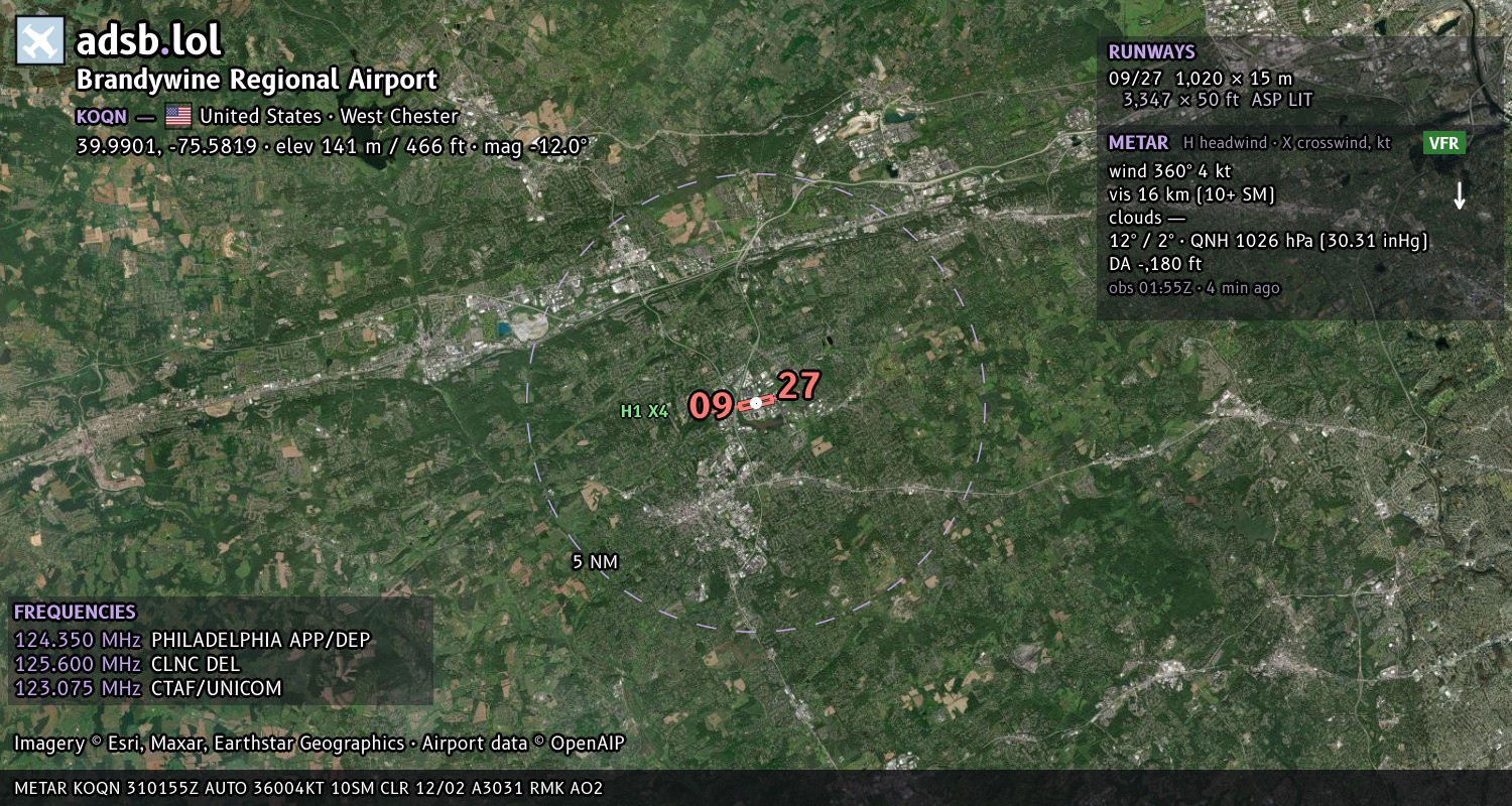 Satellite map with the runway layout of Brandywine Regional Airport (KOQN)