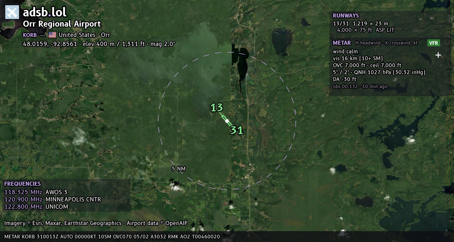 Satellite map with the runway layout of Orr Regional Airport (KORB)