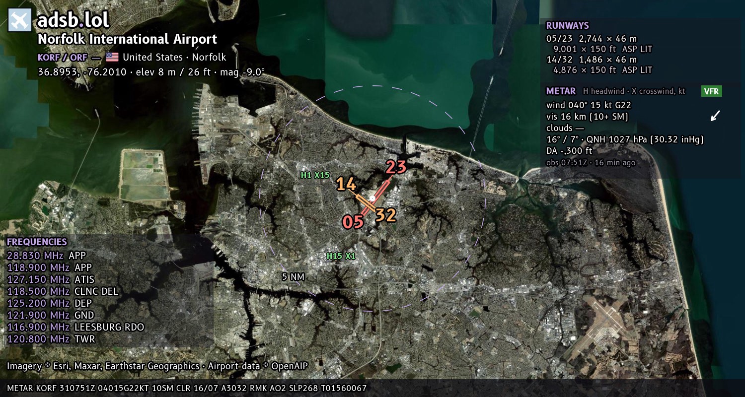 Satellite map with the runway layout of Norfolk International Airport (KORF)
