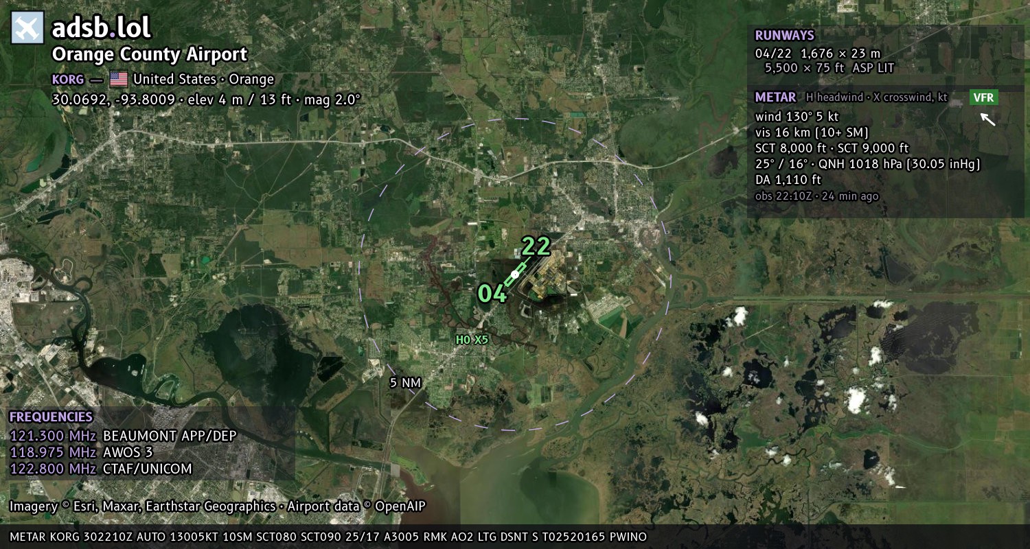 Satellite map with the runway layout of Orange County Airport (KORG)