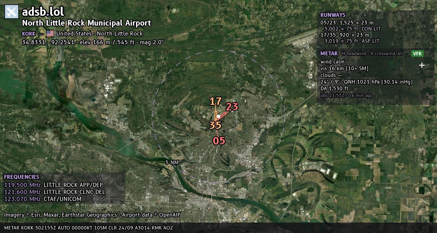 Satellite map with the runway layout of North Little Rock Municipal Airport (KORK)