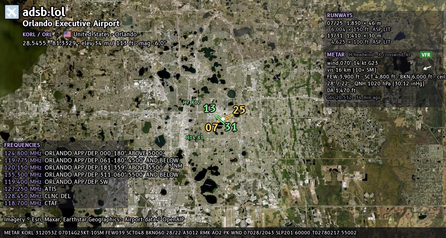 Satellite map with the runway layout of Orlando Executive Airport (KORL)