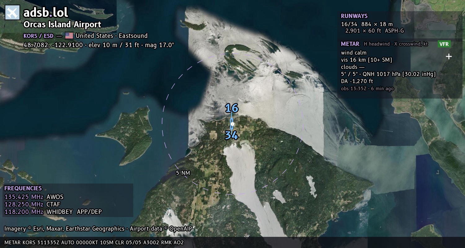 Satellite map with the runway layout of Orcas Island Airport (KORS)