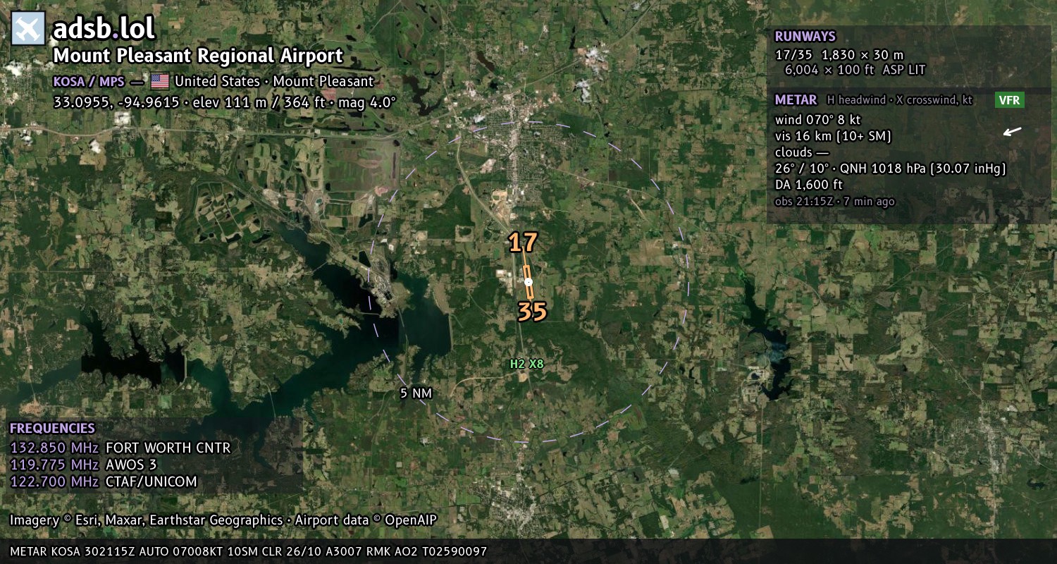Satellite map with the runway layout of Mount Pleasant Regional Airport (KOSA)