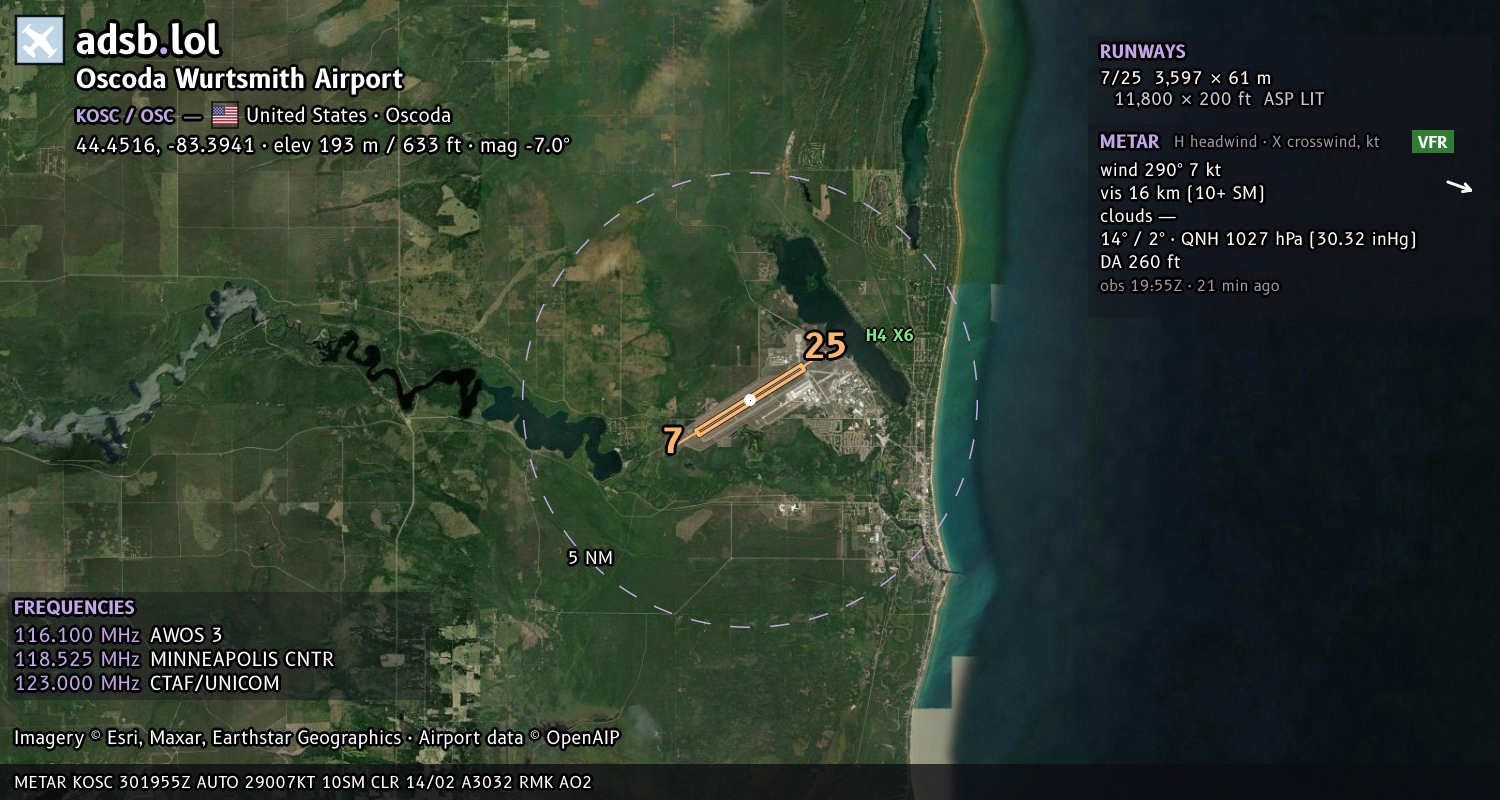 Satellite map with the runway layout of Oscoda Wurtsmith Airport (KOSC)