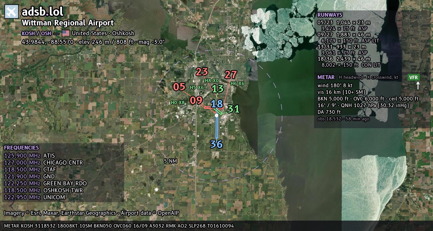 Satellite map with the runway layout of Wittman Regional Airport (KOSH)