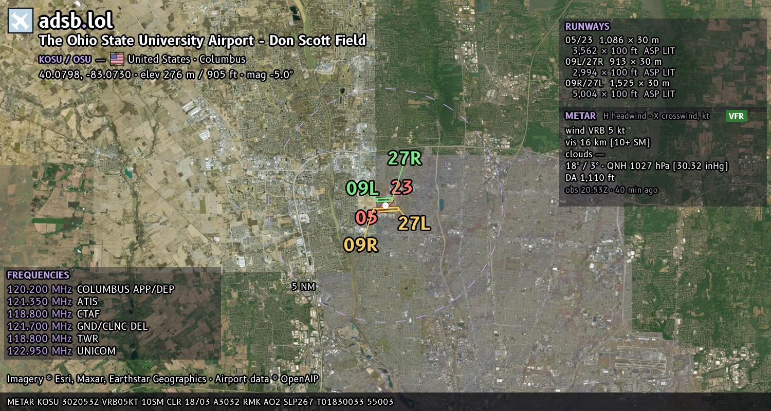 Satellite map with the runway layout of The Ohio State University Airport - Don Scott Field (KOSU)