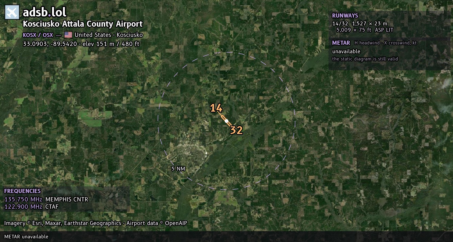 Satellite map with the runway layout of Kosciusko Attala County Airport (KOSX)