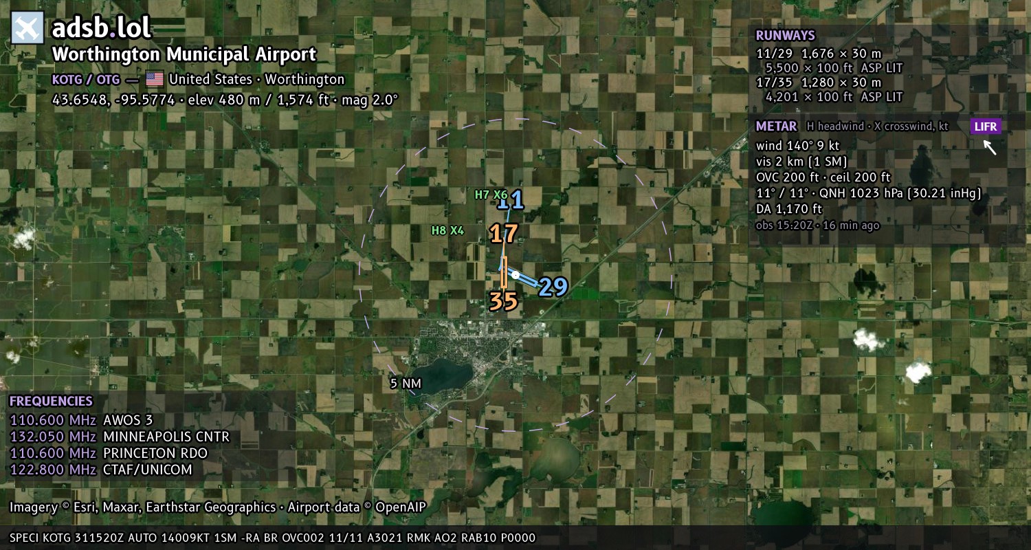 Satellite map with the runway layout of Worthington Municipal Airport (KOTG)