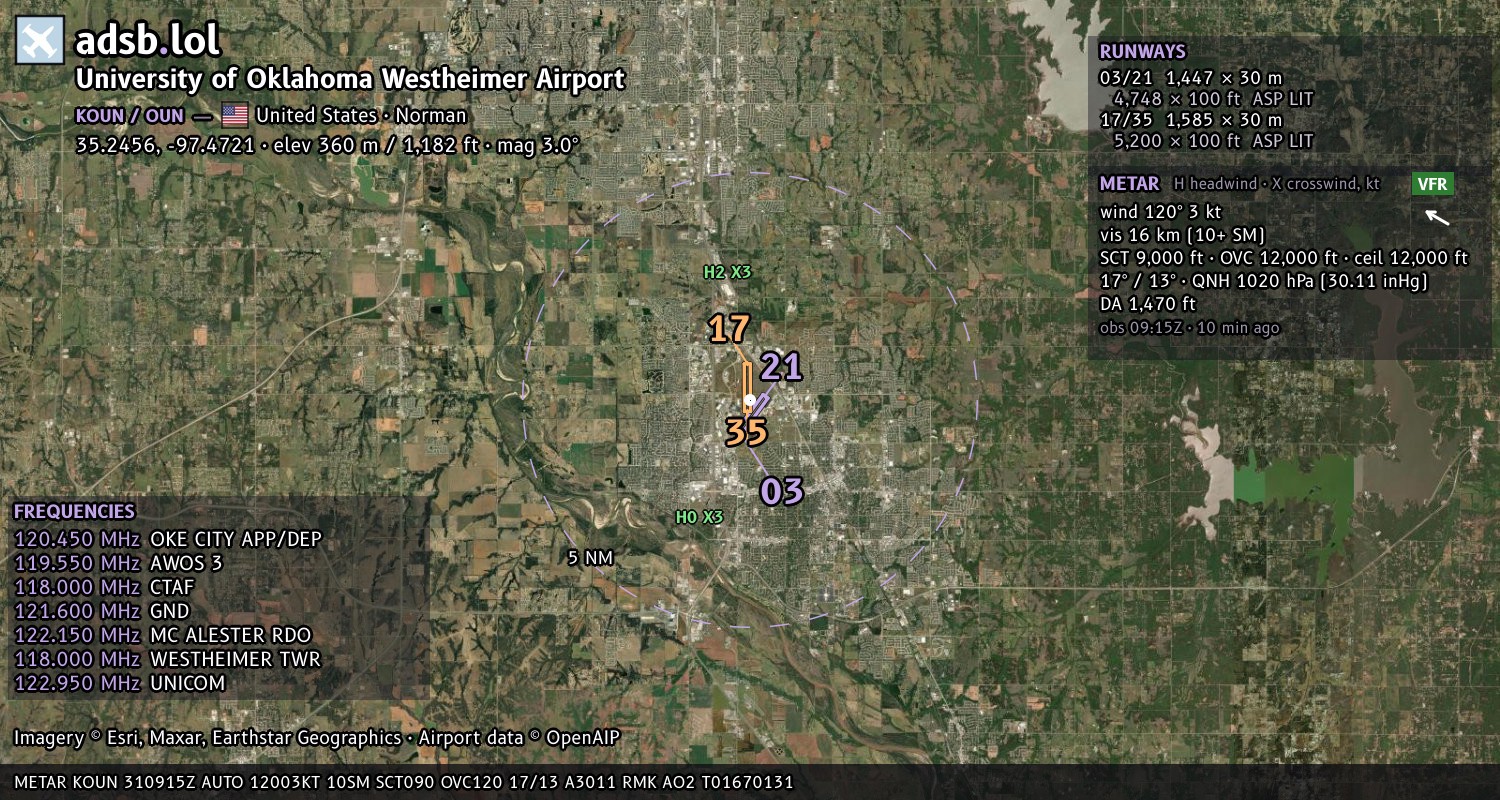Satellite map with the runway layout of University of Oklahoma Westheimer Airport (KOUN)