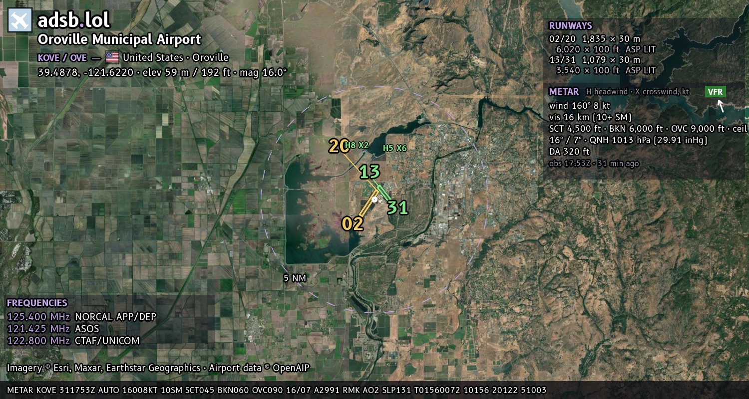 Satellite map with the runway layout of Oroville Municipal Airport (KOVE)