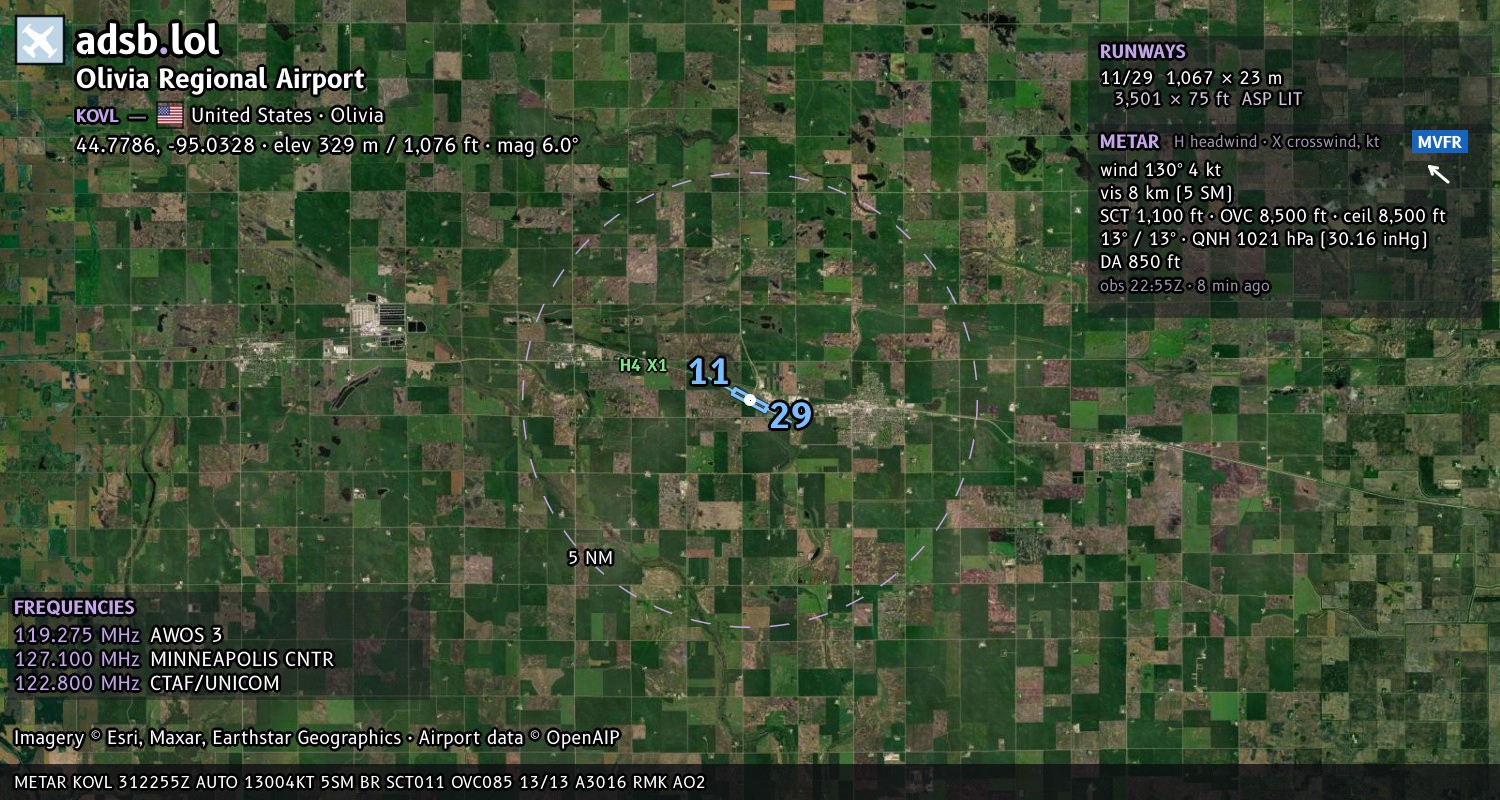 Satellite map with the runway layout of Olivia Regional Airport (KOVL)
