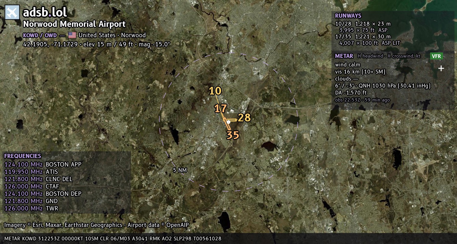 Satellite map with the runway layout of Norwood Memorial Airport (KOWD)