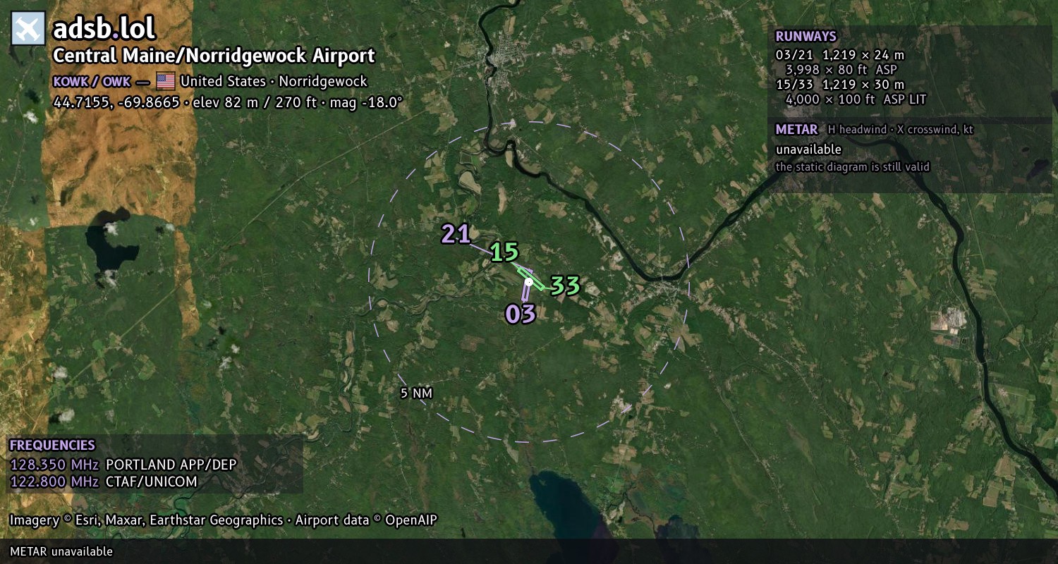 Satellite map with the runway layout of Central Maine/Norridgewock Airport (KOWK)