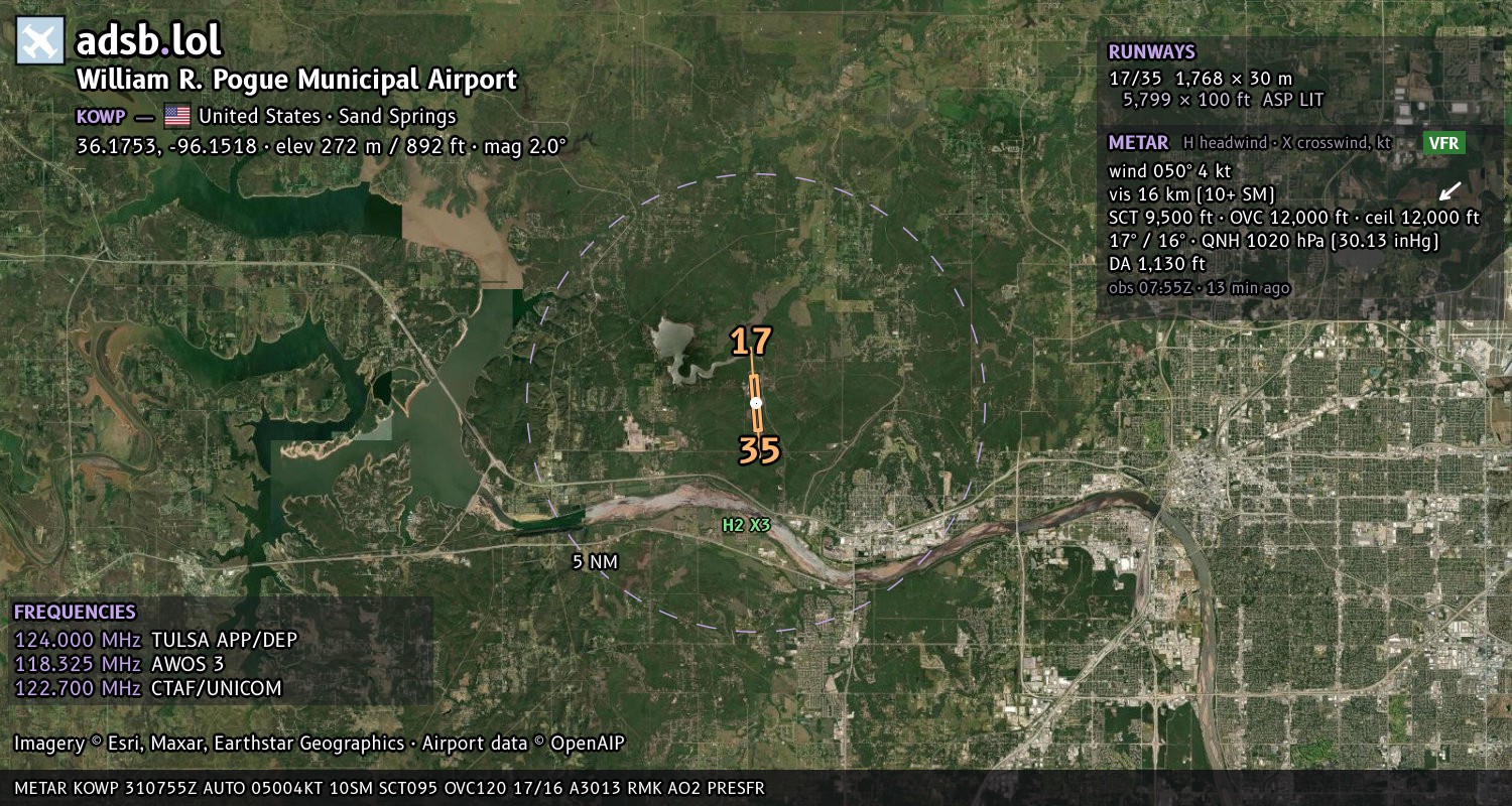 Satellite map with the runway layout of William R. Pogue Municipal Airport (KOWP)