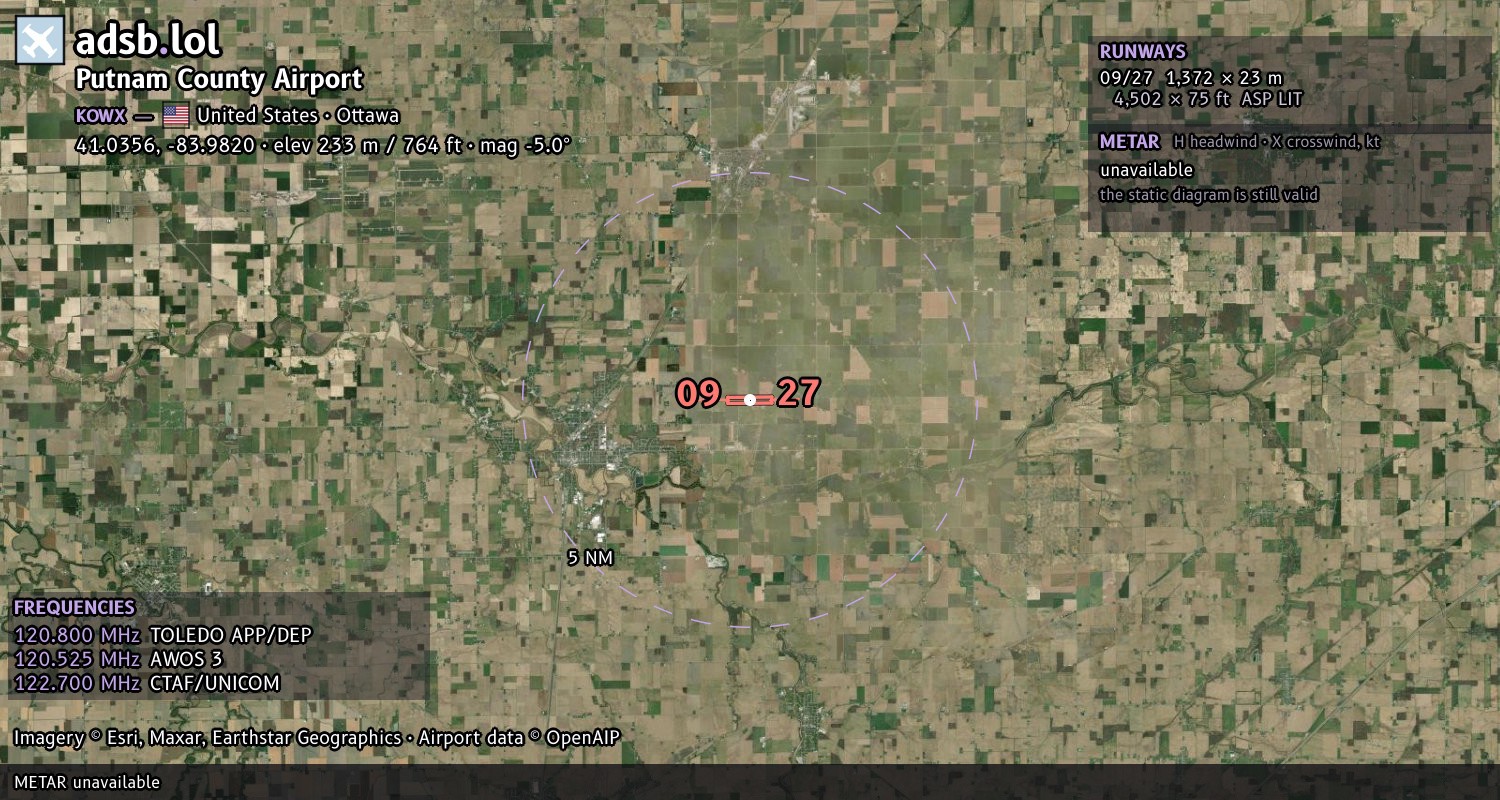 Satellite map with the runway layout of Putnam County Airport (KOWX)