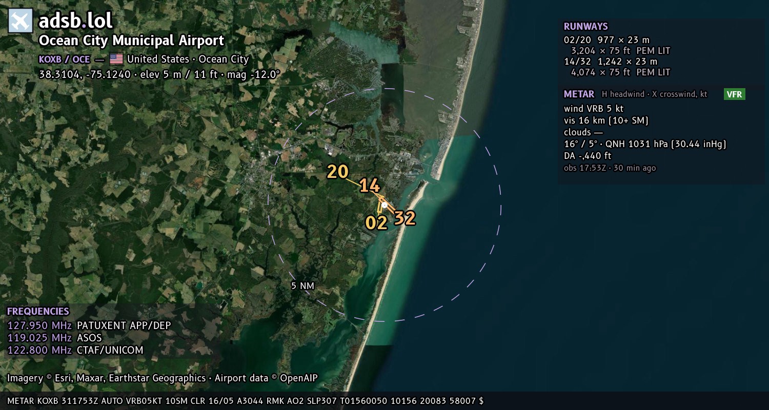 Satellite map with the runway layout of Ocean City Municipal Airport (KOXB)