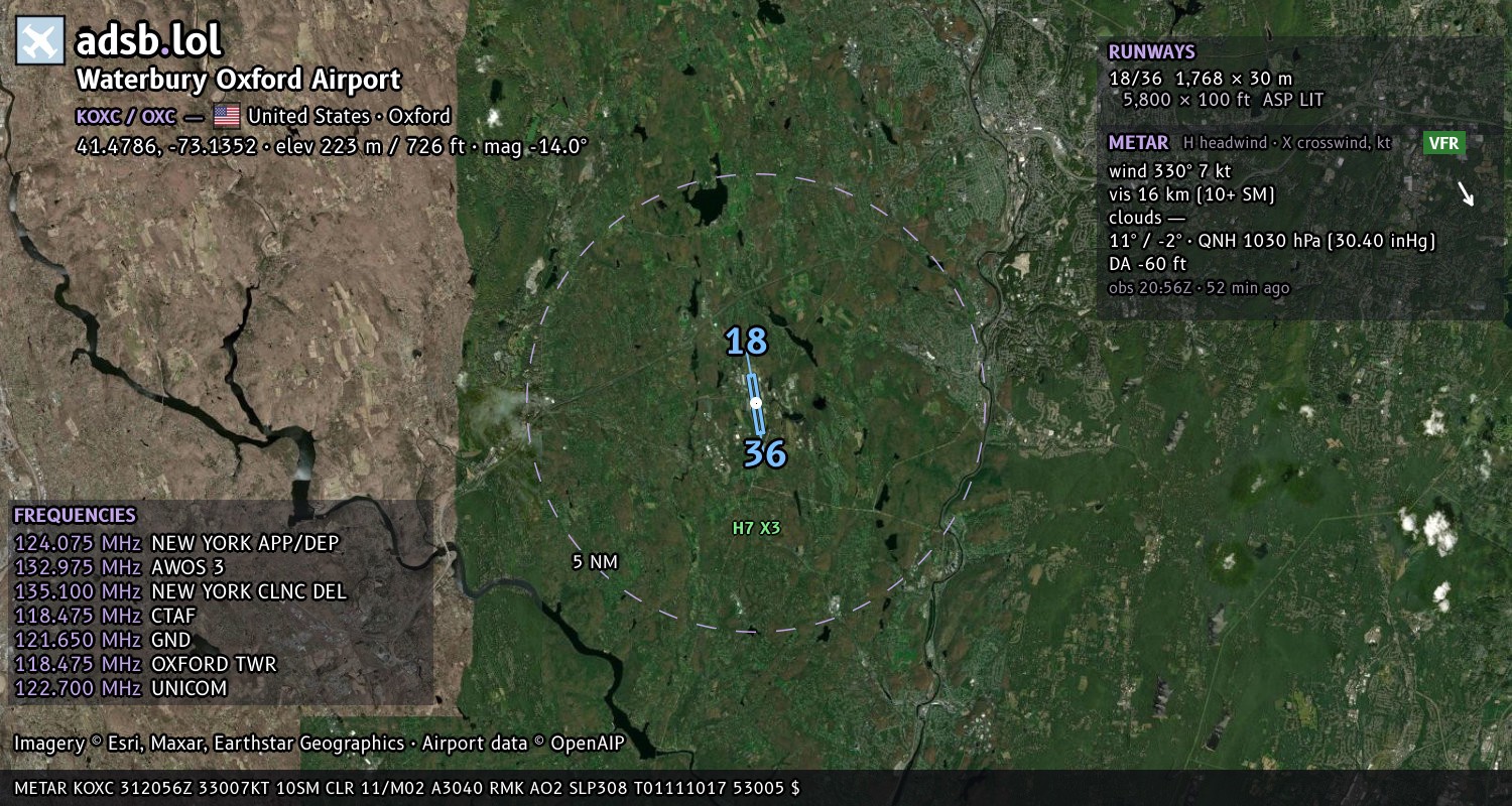 Satellite map with the runway layout of Waterbury Oxford Airport (KOXC)