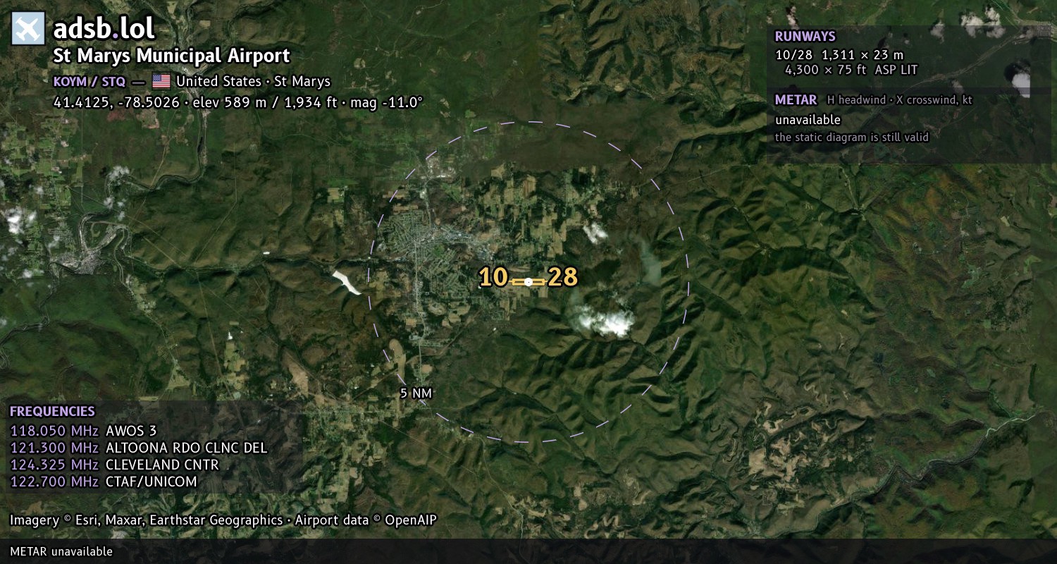 Satellite map with the runway layout of St Marys Municipal Airport (KOYM)
