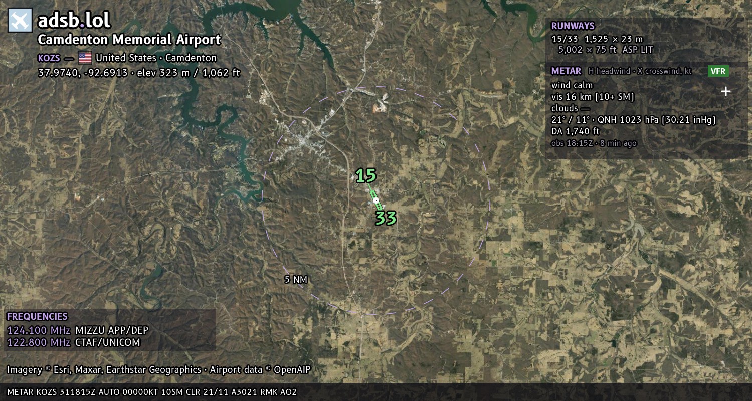 Satellite map with the runway layout of Camdenton Memorial Airport (KOZS)