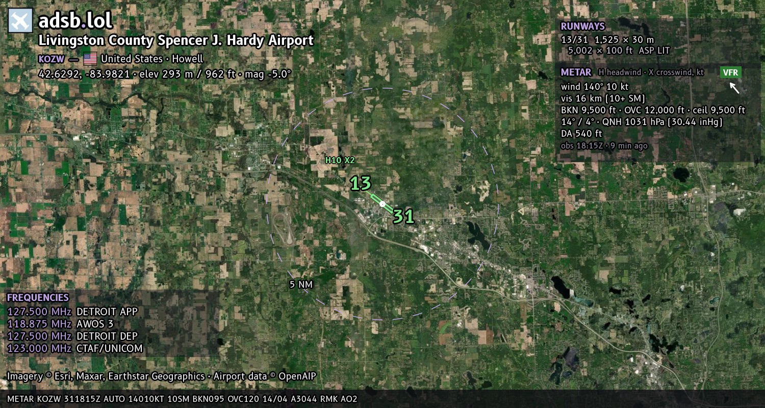 Satellite map with the runway layout of Livingston County Spencer J. Hardy Airport (KOZW)