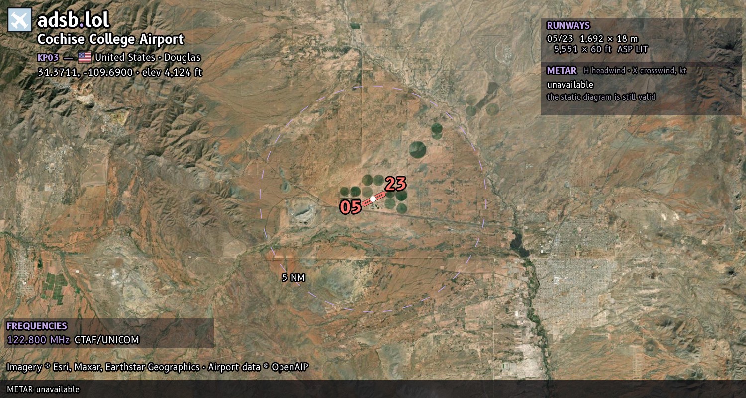 Satellite map with the runway layout of Cochise College Airport (KP03)