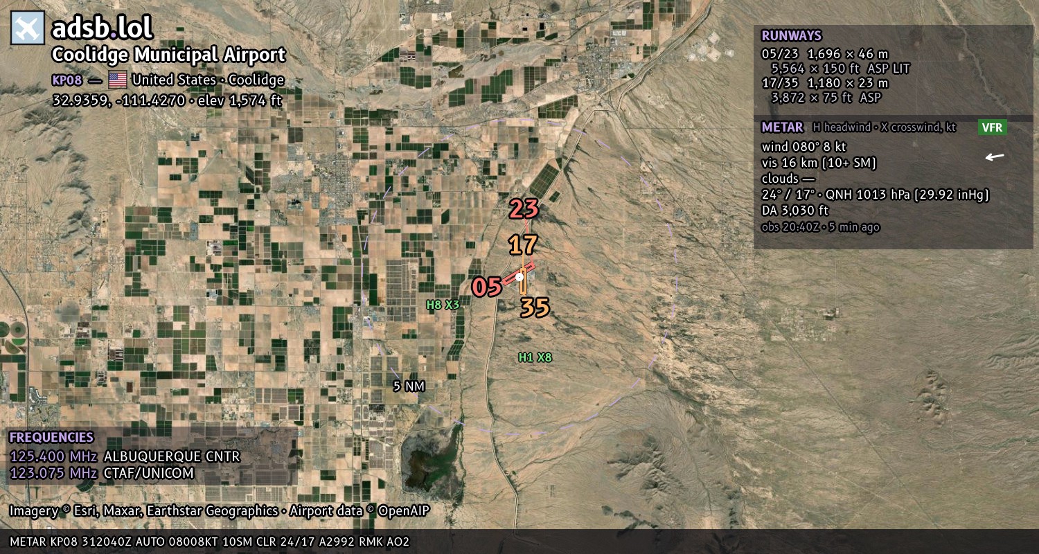 Satellite map with the runway layout of Coolidge Municipal Airport (KP08)