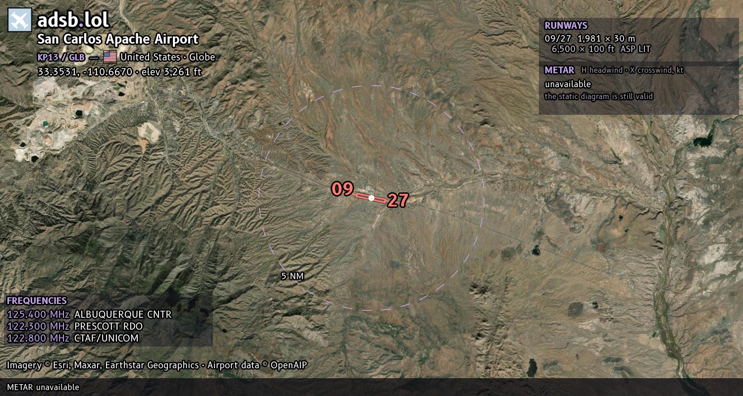Satellite map with the runway layout of San Carlos Apache Airport (KP13)